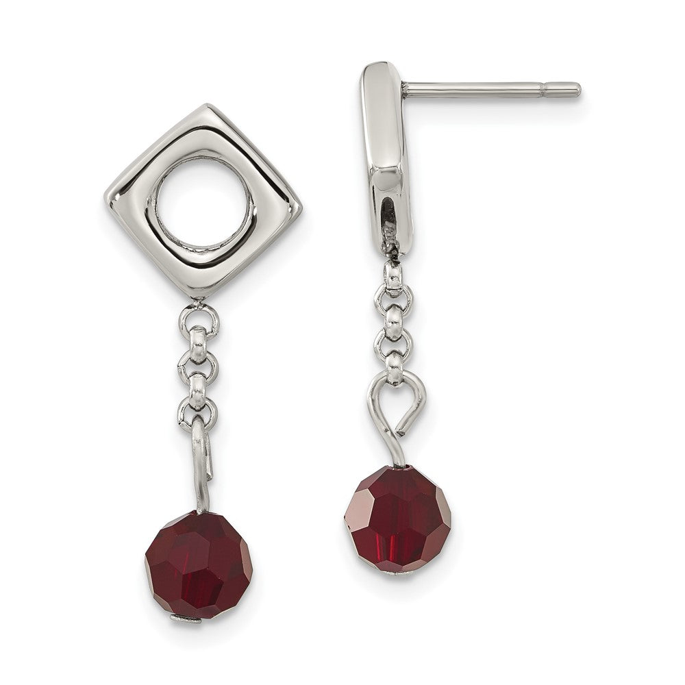 Stainless Steel Red Crystal Post Dangle Earrings, 28.4 x 10.8 mm