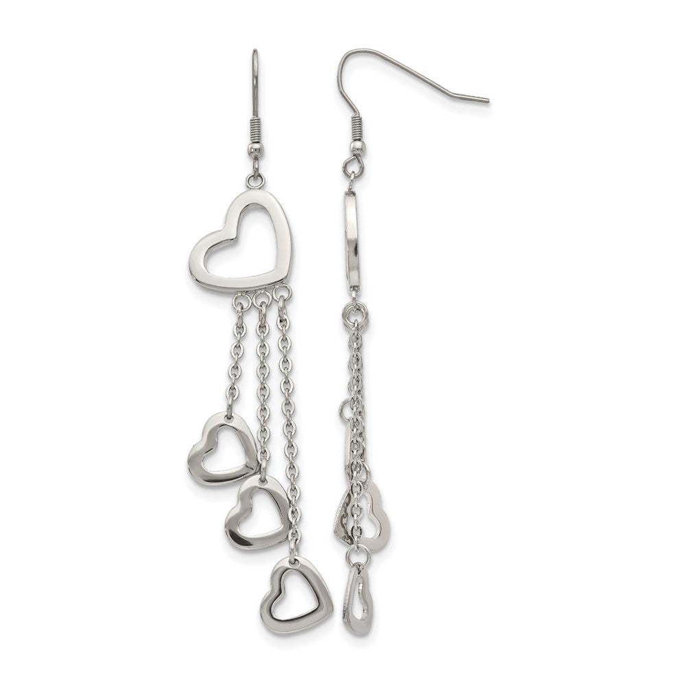 Chisel Stainless Steel Polished Hearts Dangle Shepherd Hook Earrings, 74 x 15 mm
