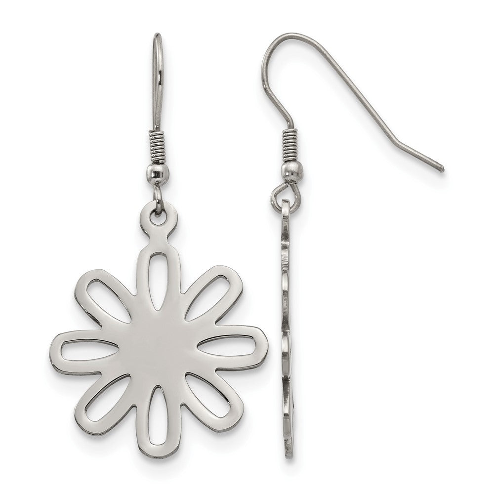 Chisel Stainless Steel Polished Large Flower Dangle Shepherd Hook Earrings, 45 x 25 mm