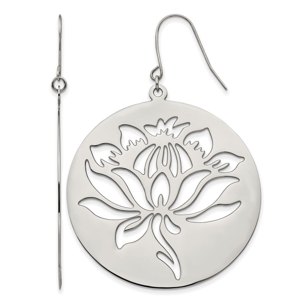 Chisel Stainless Steel Polished Flower Cut out Dangle Shepherd Hook Earrings, 68 x 50 mm