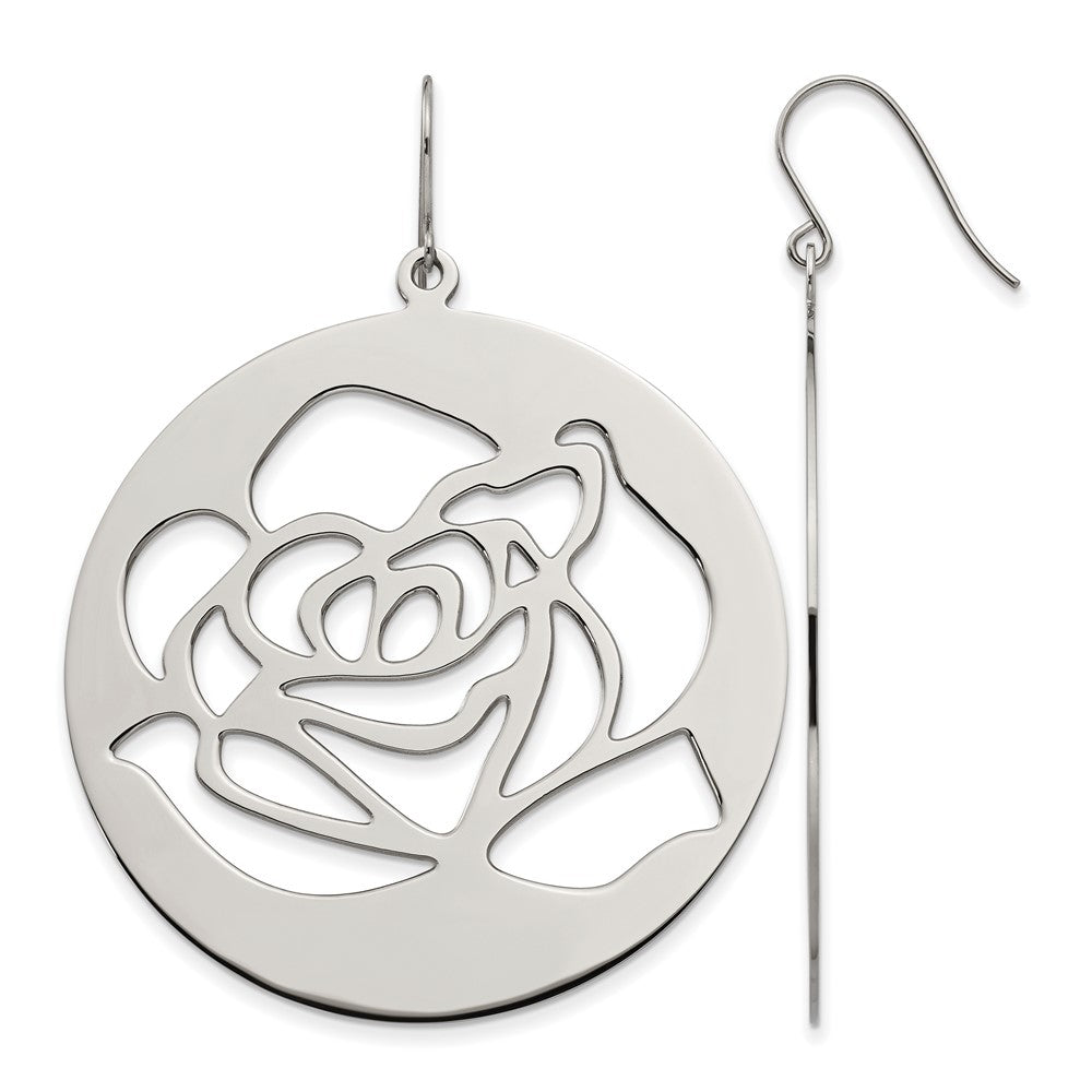 Stainless Steel Polished Rose Cut out Dangle Shepherd Hook Earrings, 68 x 50 mm