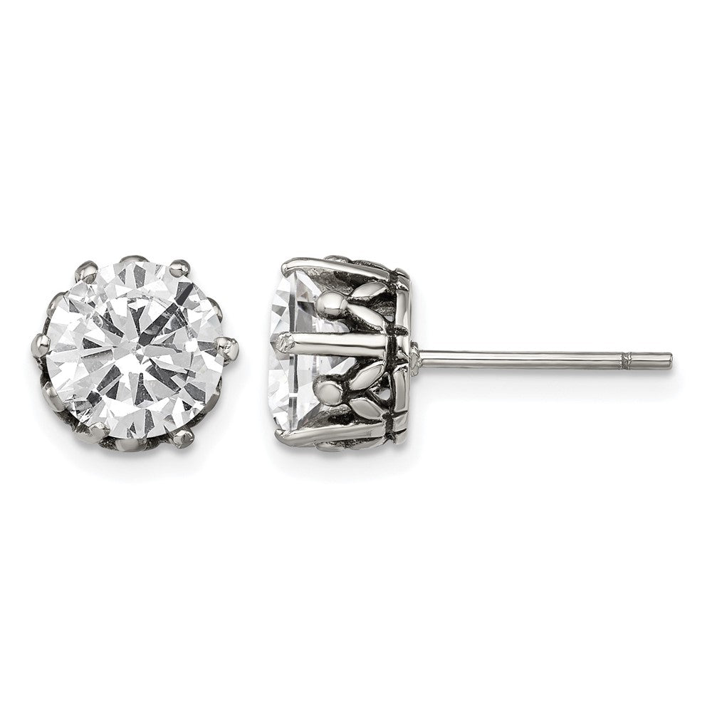 Chisel Stainless Steel Antiqued and Polished Round CZ Post Earrings, 9 x 9 mm