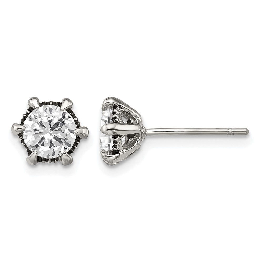 Chisel Stainless Steel Antiqued and Polished CZ Post Earrings, 8 x 8 mm, 2 g