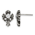 Chisel Stainless Steel Antiqued and Polished with CZ Cross Post Earrings, 8 x 9 mm