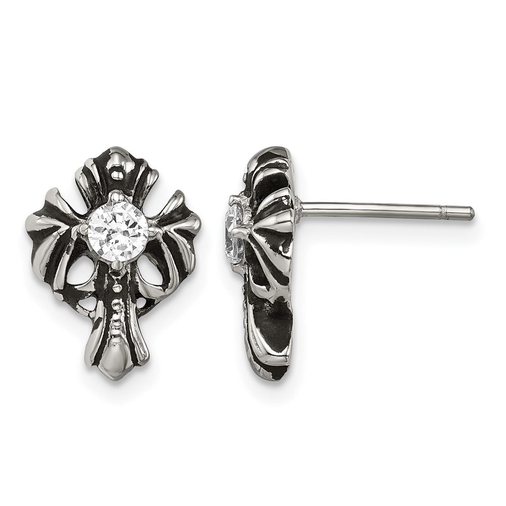Chisel Stainless Steel Antiqued and Polished with CZ Cross Post Earrings, 8 x 9 mm