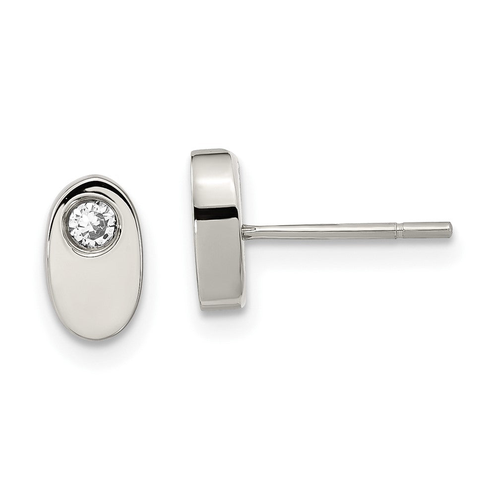 Stainless Steel CZ Polished Oval Post Earrings, 8 x 4.75 mm