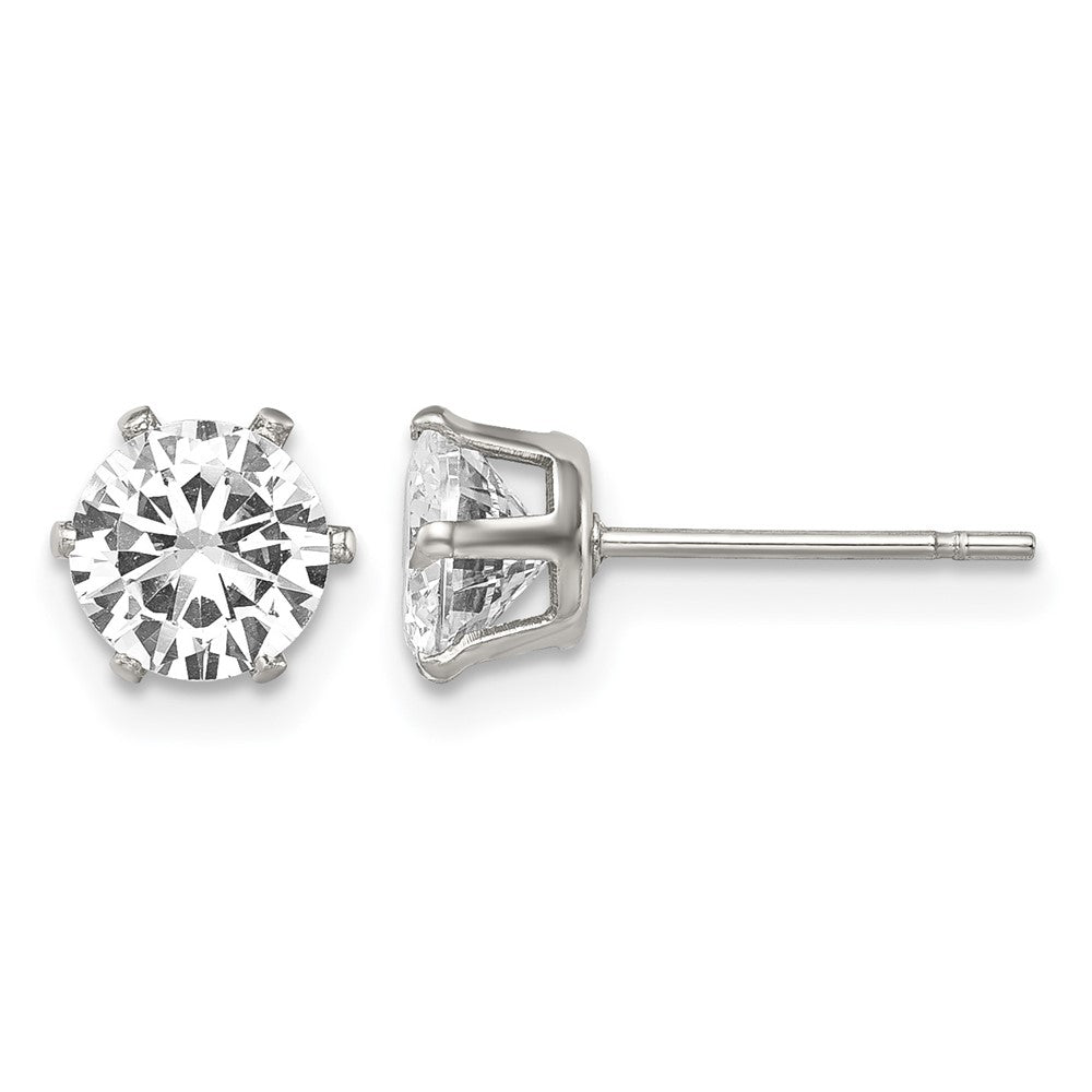 Chisel Stainless Steel Polished 6mm Round CZ Stud Post Earrings, 7 x 7 mm