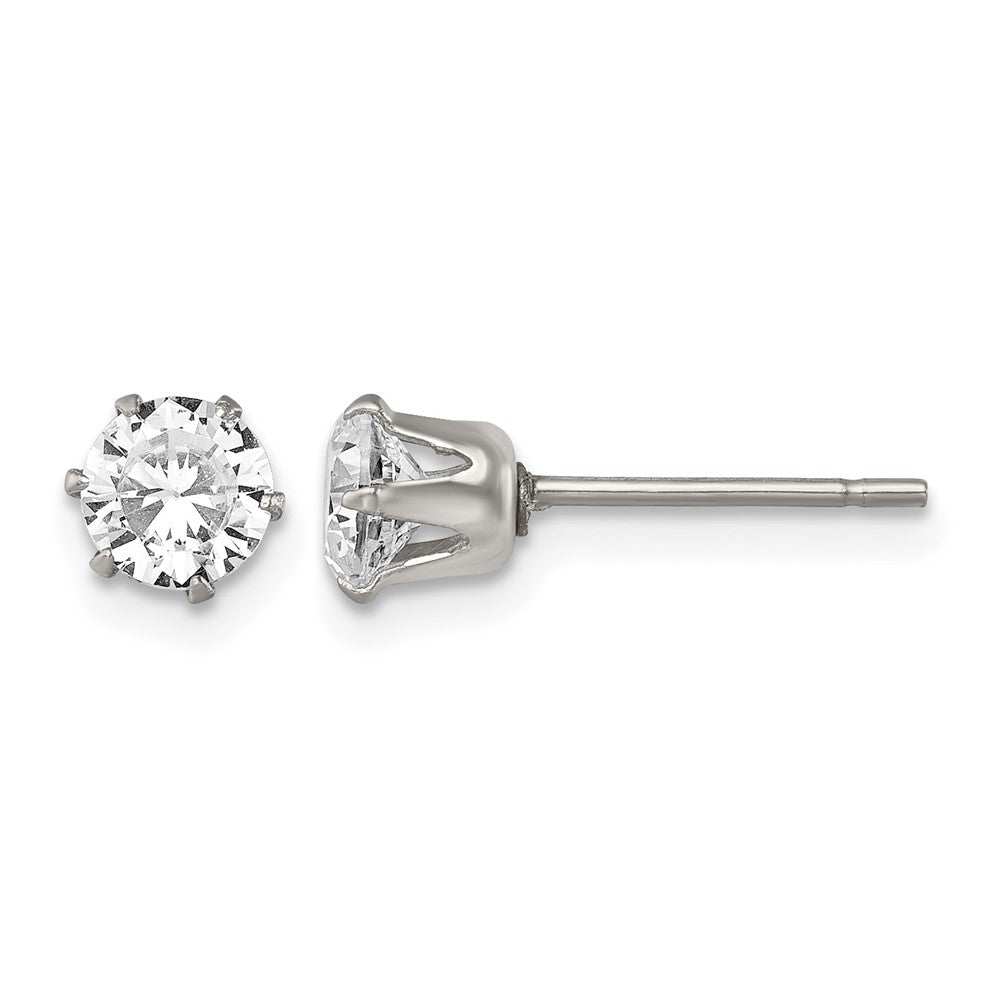 Chisel Stainless Steel Polished 5mm Round CZ Stud Post Earrings, 6 x 6 mm