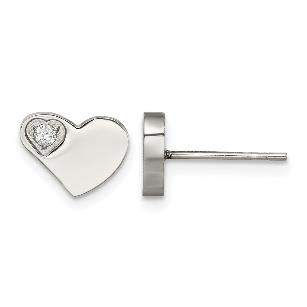 Chisel Stainless Steel Polished with CZ Heart Post Earrings, 8 x 10 mm