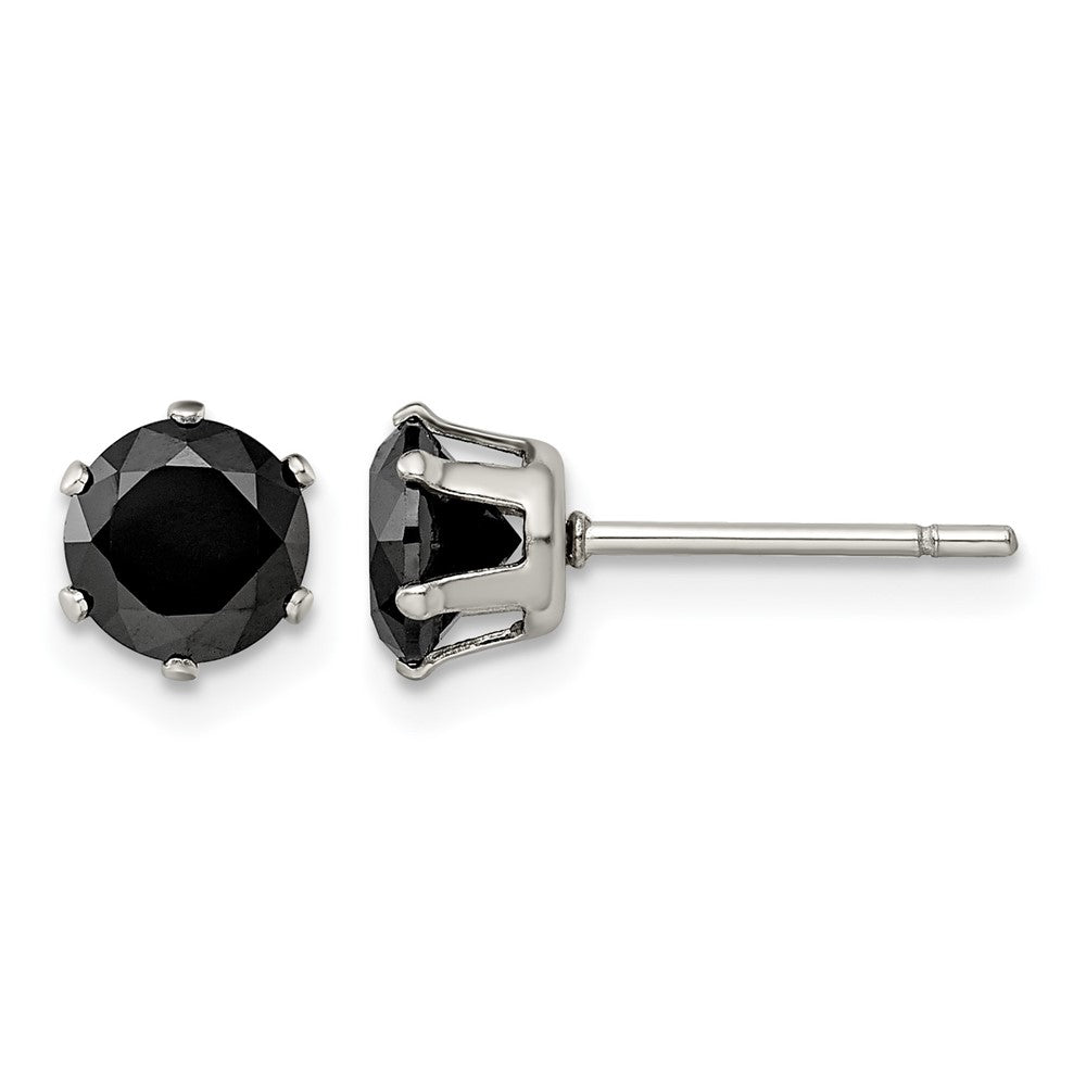 Chisel Stainless Steel Polished 6mm Black Round CZ Stud Post Earrings, 7 x 7 mm