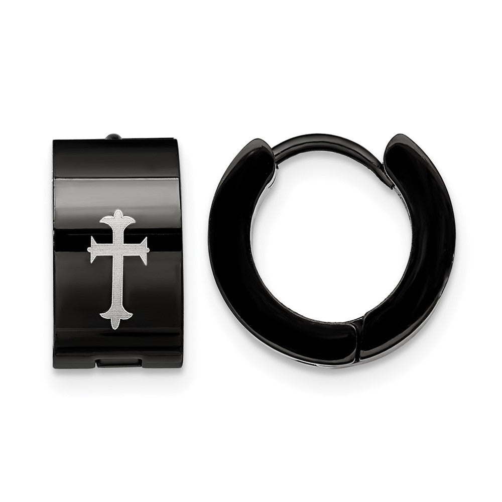 Chisel Stainless Steel Black IP-plated 7mm Hinged Hoop with Cross Earrings, 9 x 13.5 mm