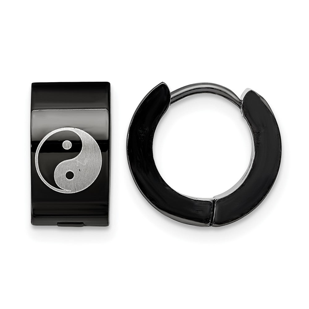 Chisel Stainless Steel Polished Black IP-plated 7mm Hinged Hoop w/Yin Yang Earrings, 12 x 14 mm