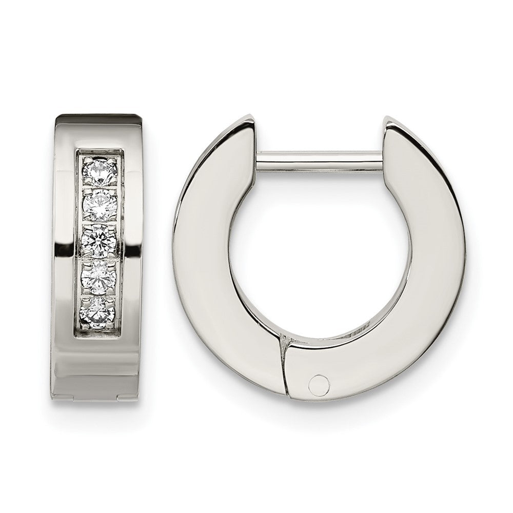 Chisel Stainless Steel Polished with CZ 4mm Hinged Hoop Earrings, 9 x 4 mm