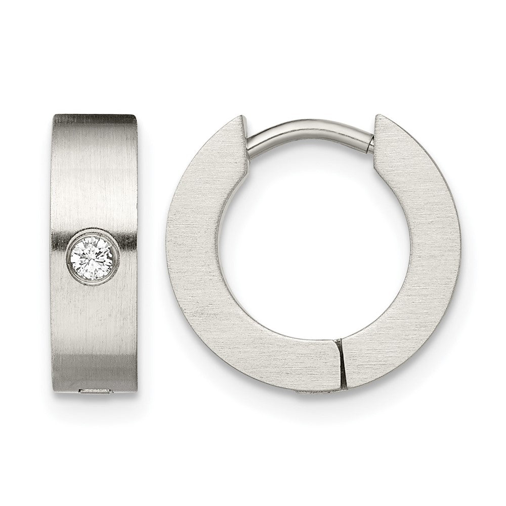 Chisel Stainless Steel Brushed with CZ 4mm Hinged Hoop Earrings, 9 x 14 mm