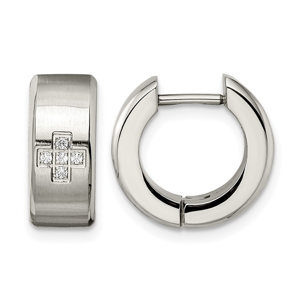 Chisel Stainless Steel Brushed and Polished with CZ 6mm Hinged Hoop Earrings, 9 x 15 mm