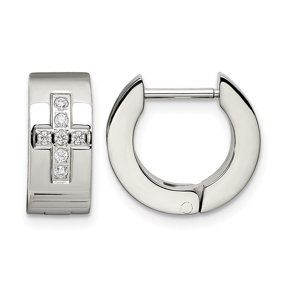 Chisel Stainless Steel Brushed and Polished with CZ Cross 6mm Hinged Hoop Earrings, 9 x 15 mm