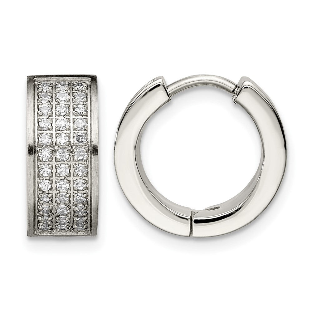 Chisel Stainless Steel Brushed and Polished with CZ 6mm Hinged Hoop Earrings, 10 x 15.5 mm