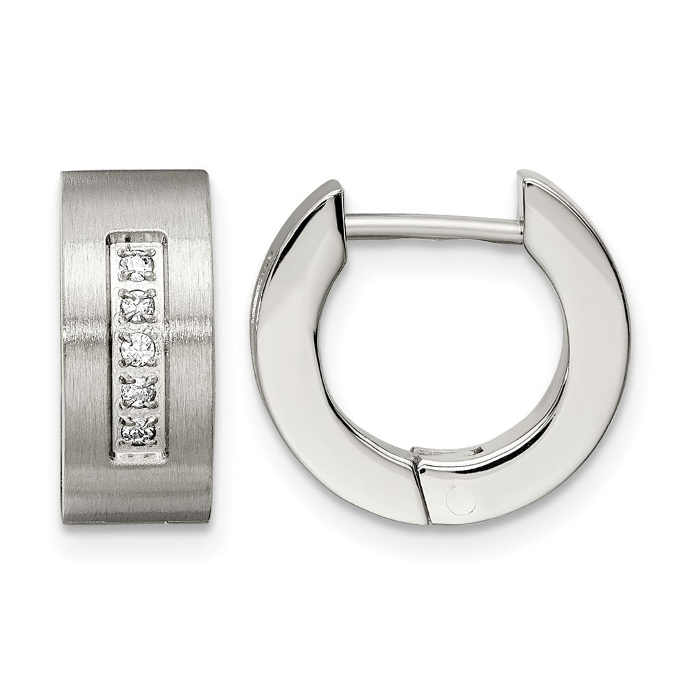 Chisel Stainless Steel Brushed and Polished with CZ 5mm Hinged Hoop Earrings, 9 x 15 mm