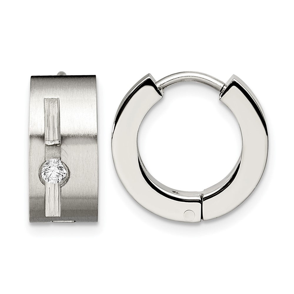 Chisel Stainless Steel Brushed and Polished with CZ 7mm Hinged Hoop Earrings, 10 x 16 mm