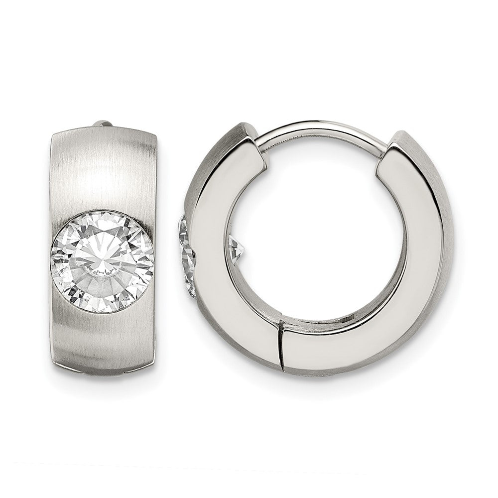 Chisel Stainless Steel Brushed and Polished with CZ Round 7mm Hinged Hoop Earrings, 14 x 16 mm