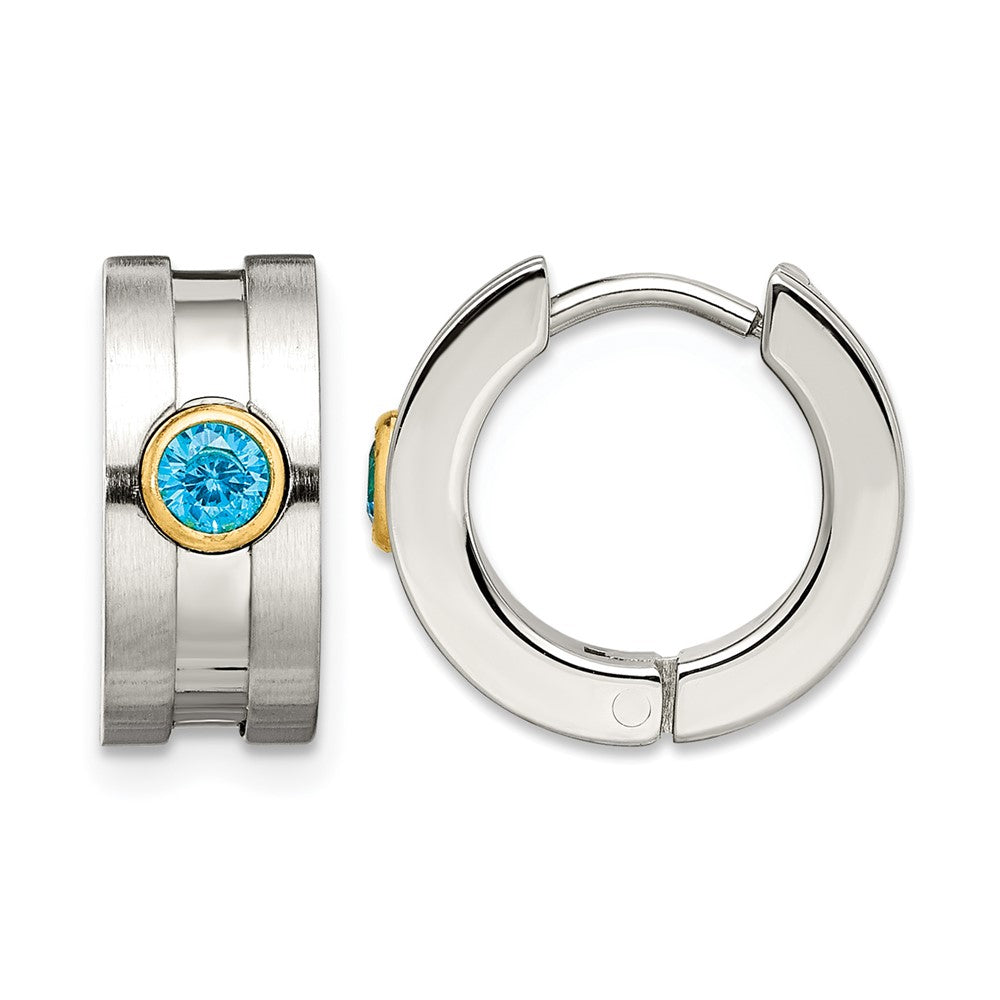Chisel Stainless Steel Brushed and Polished Yellow IP-plated with Blue CZ Hinged Hoop Earrings, 10 x 16 mm