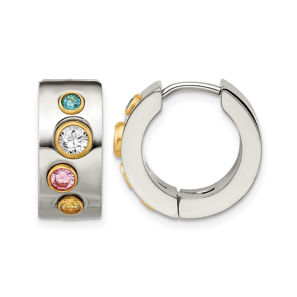 Chisel Stainless Steel Polished Yellow IP-plated with Multicolor CZ 7mm Hinged Hoop Earrings, 10 x 16 mm