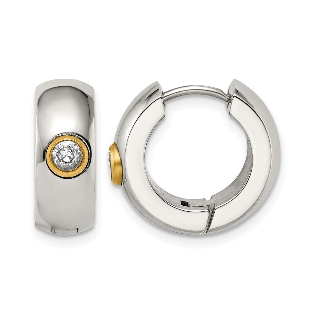 Chisel Stainless Steel Polished Yellow IP-plated with CZ 7mm Hinged Hoop Earrings, 11 x 18 mm
