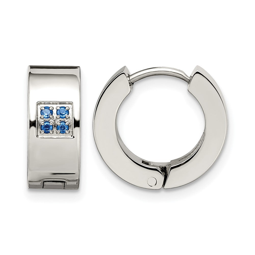 Chisel Stainless Steel Brushed and Polished with Blue CZ 6mm Hinged Hoop Earrings, 9 x 15 mm