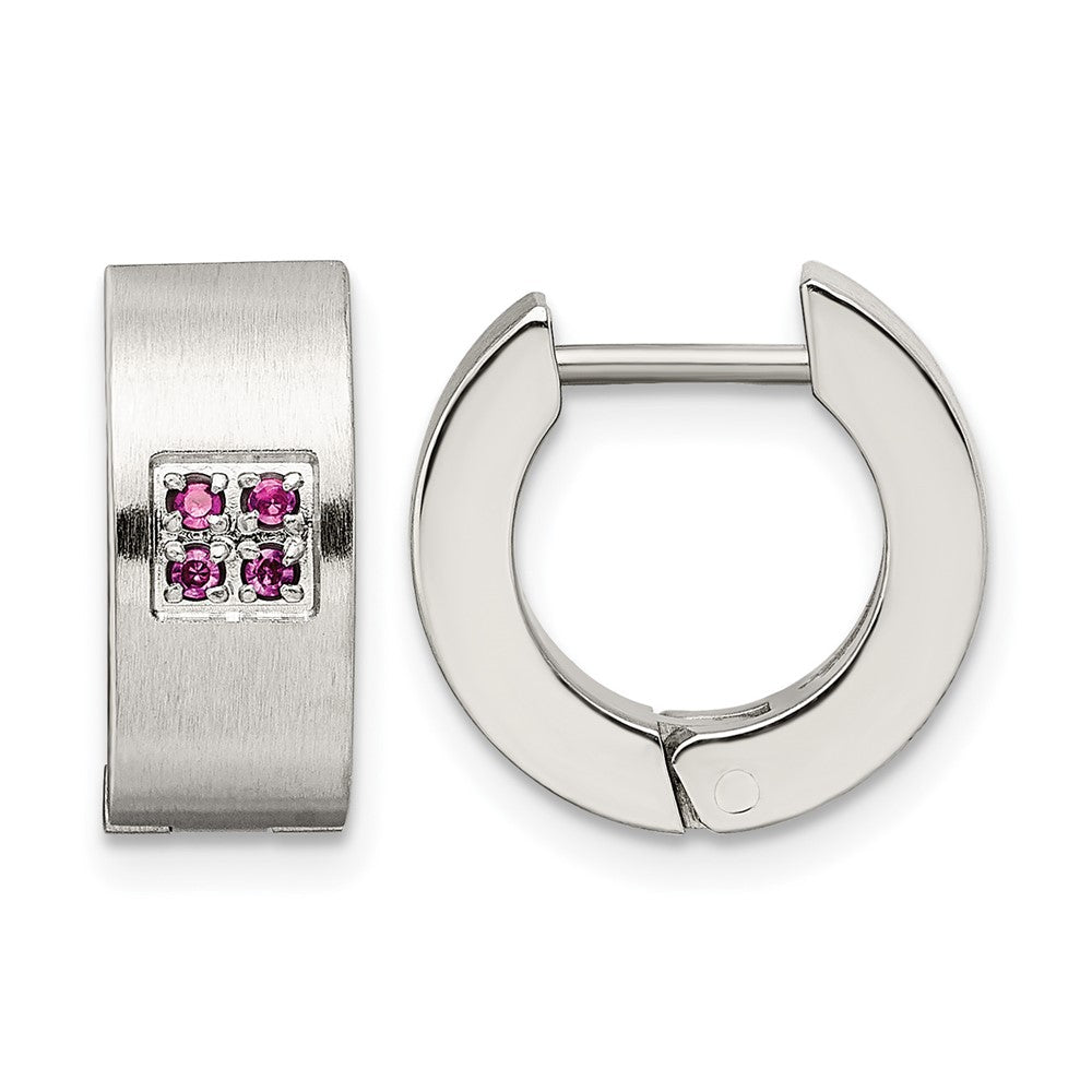 Chisel Stainless Steel Brushed and Polished with Pink CZ 5mm Hinged Hoop Earrings, 9 x 15 mm
