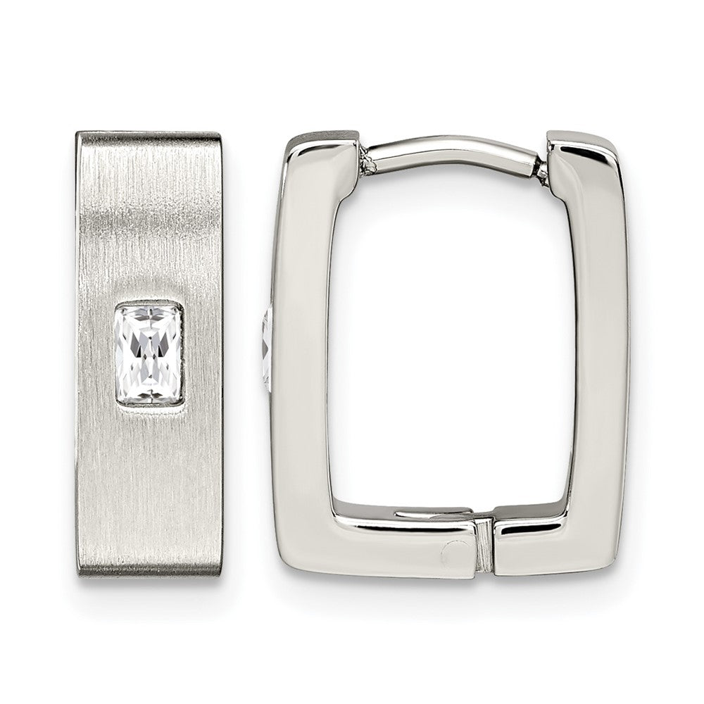 Chisel Stainless Steel Brushed and Polished with CZ 5mm Square Hinged Earrings, 8 x 13 mm
