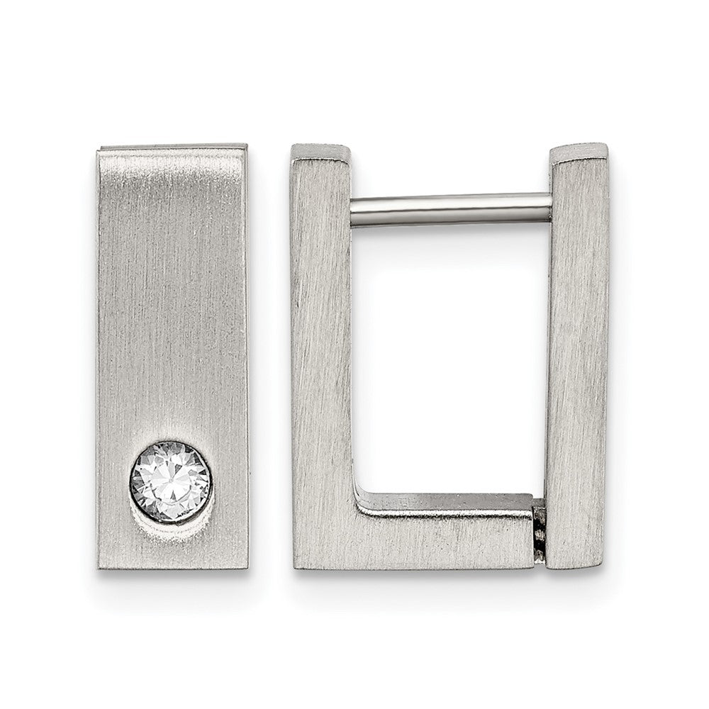 Chisel Stainless Steel Brushed and Polished with CZ 4mm Square Hinged Hoop Earrings, 4 x 11 mm