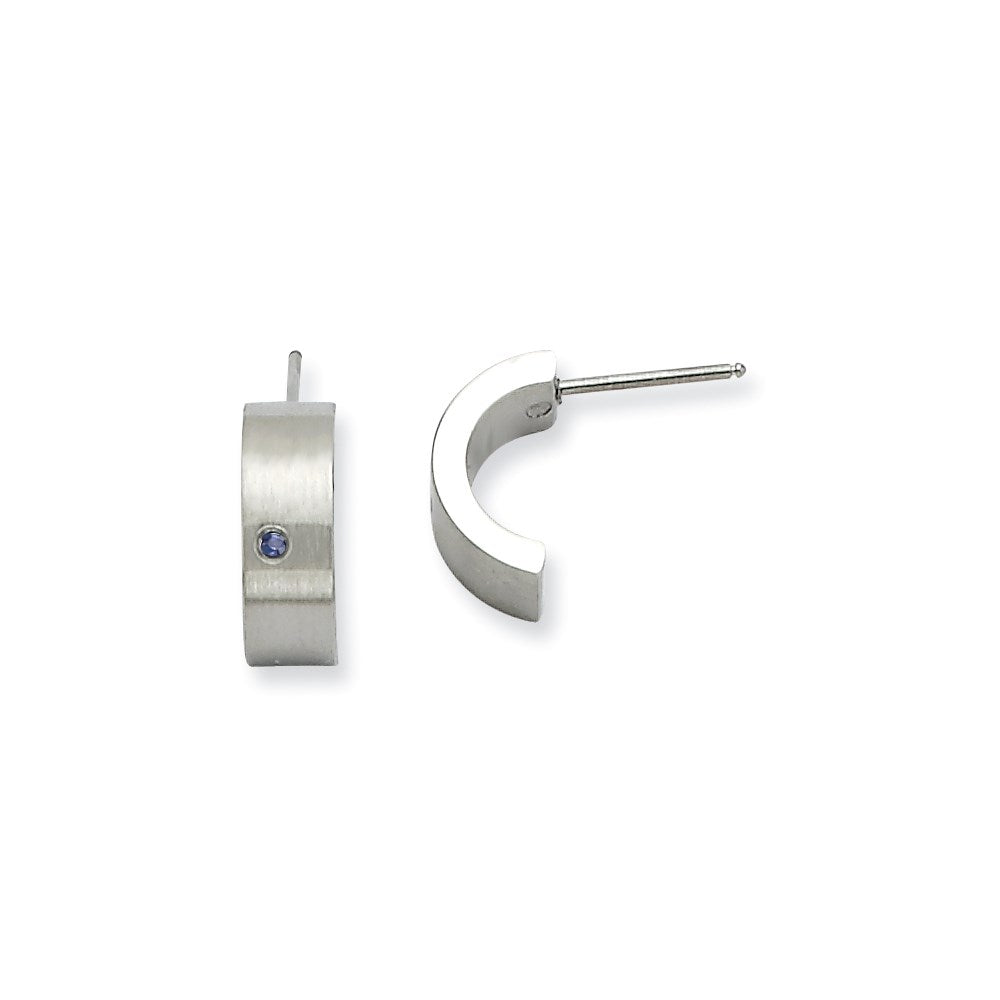 Stainless Steel Blue CZ Brushed & Polished Half Hoop Post Earrings, 11 x 4 mm