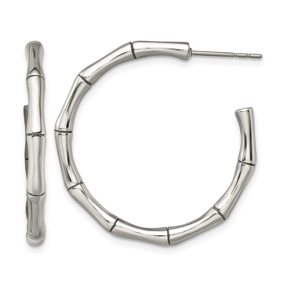 Chisel Stainless Steel Polished Bamboo Design J Hoop Post Earrings, 30 x 31 mm