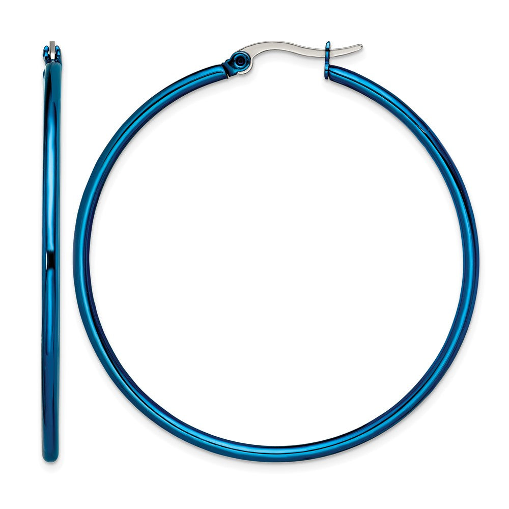 Chisel Stainless Steel Polished Blue IP-plated 49.5mm Diameter 2mm Hoop Earrings, 44 x 49.5 mm