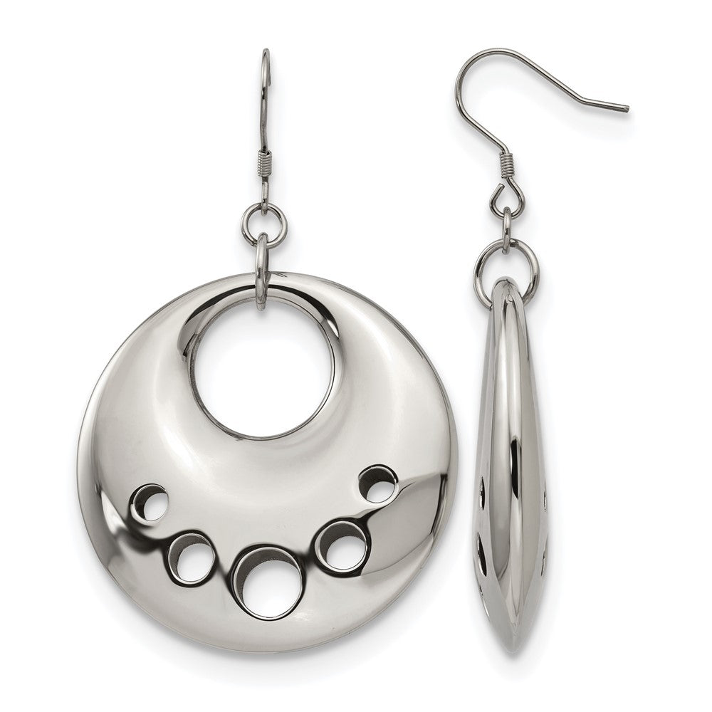 Stainless Steel Polished Circle Cut Out Dangle Shepherd Hook Earrings, 60 x 40 mm