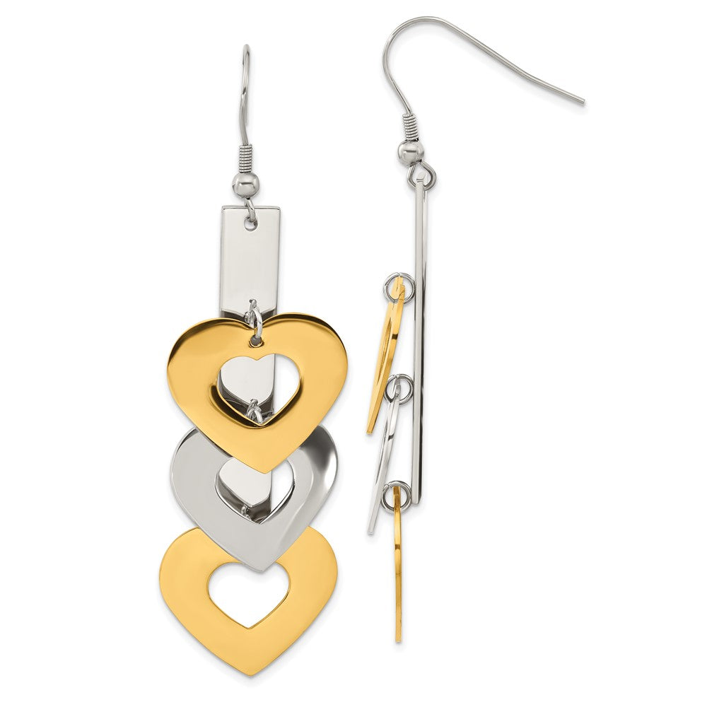 Stainless Steel Yellow IP-plated & Polished Hearts Dangle Earrings, 76.5 x 22 mm