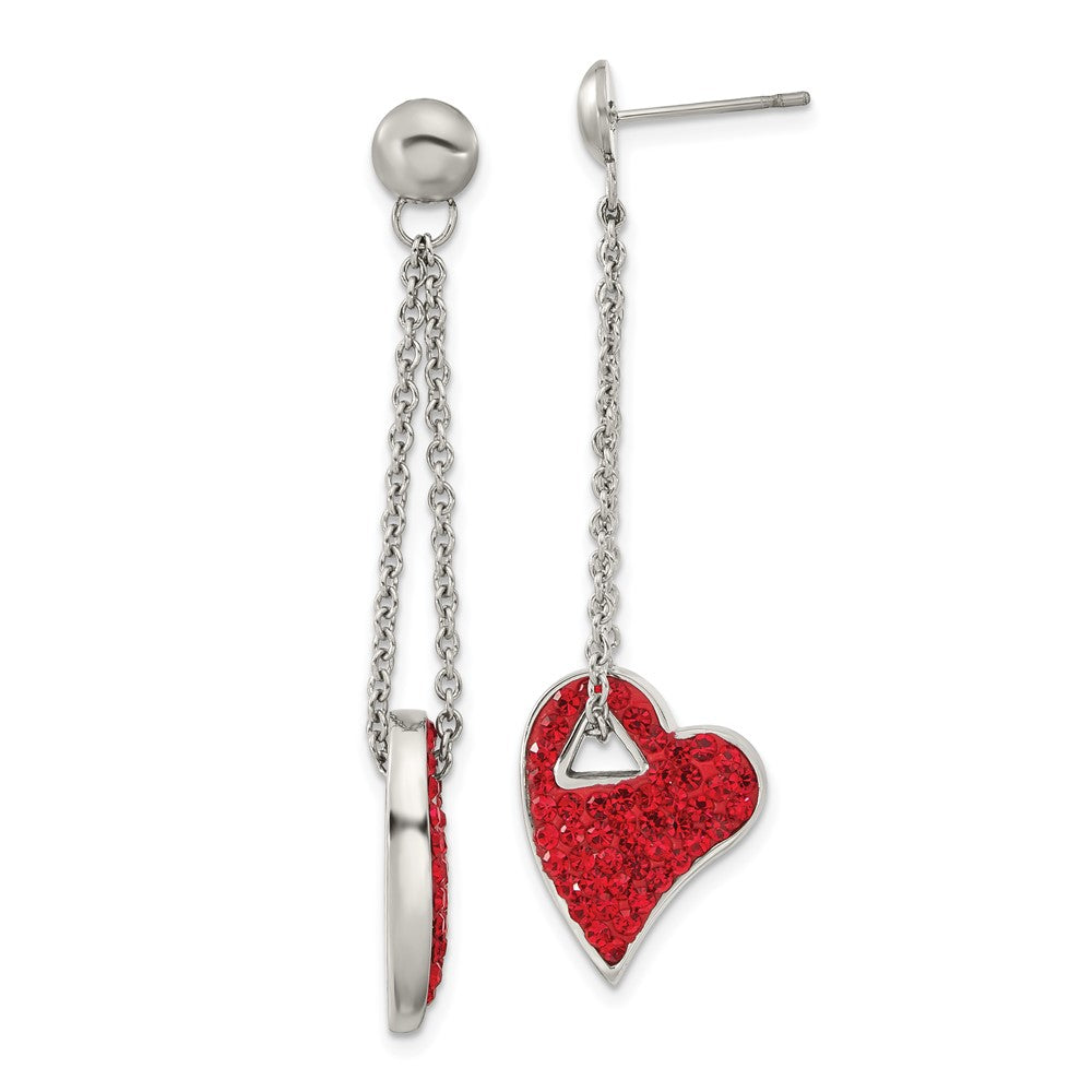 Stainless Steel Red Crystal Heart Post Dangle Earrings, 51.6 x 14.1 mm