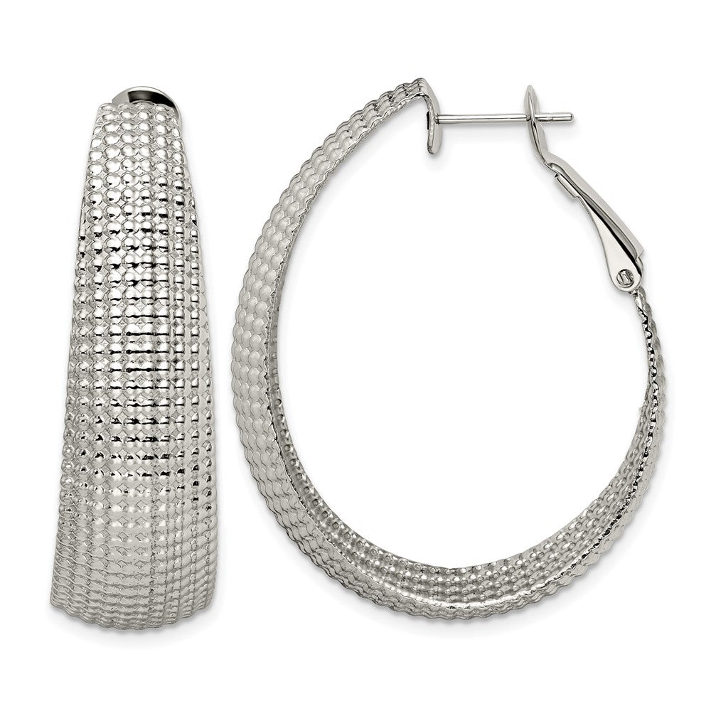Chisel Stainless Steel Polished and Textured Oval Omega Back Hoop Earrings, 42 mm