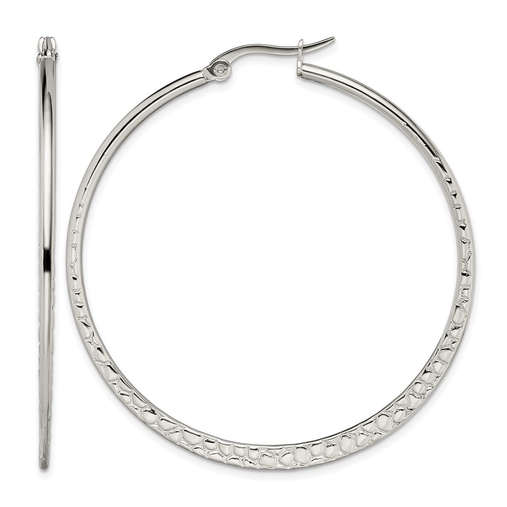 Chisel Stainless Steel Polished and Textured 50mm Diameter Hoop Earrings, 50 x 50 mm