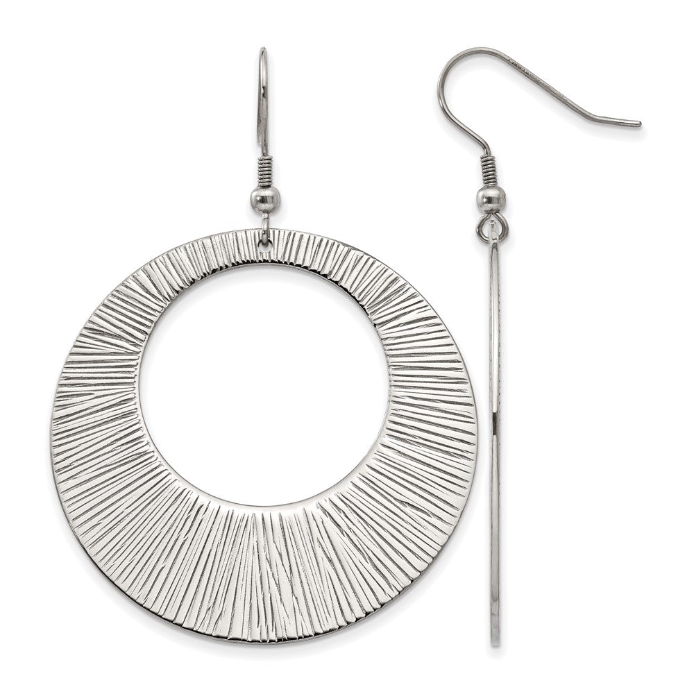 Chisel Stainless Steel Polished and Textured Circle Dangle Shepherd Hook Earrings, 60 x 43 mm