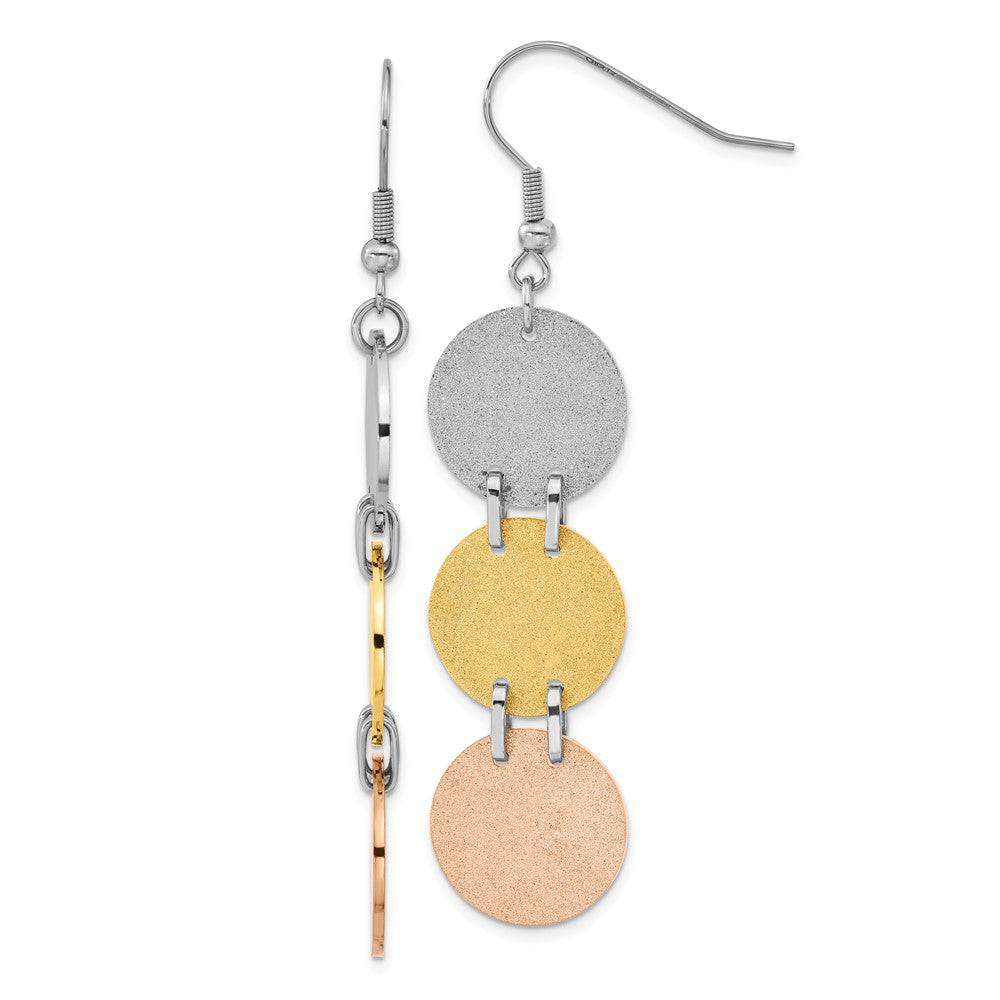 Stainless Steel Tri-Color IP-plated Laser Cut Discs Dangle Earrings, 75 x 17 mm