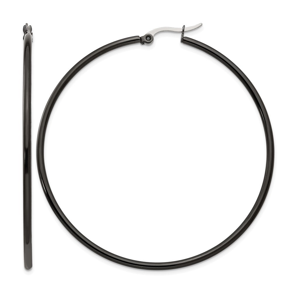 Chisel Stainless Steel Polished Black IP-plated 60mm Diameter 2mm Hoop Earrings, 60 x 60 mm