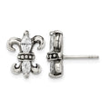 Stainless Steel Antiqued Polished & Textured w/CZ Fleur de lis Post Earring, 12 x 11 mm