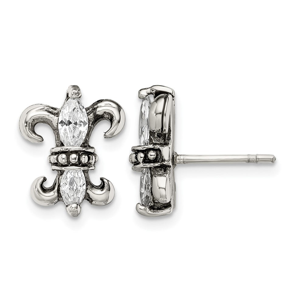 Stainless Steel Antiqued Polished & Textured w/CZ Fleur de lis Post Earring, 12 x 11 mm