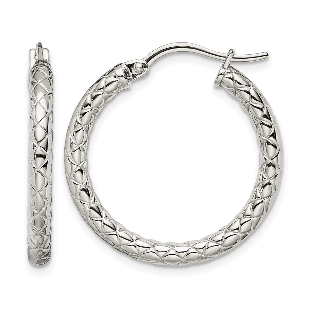Chisel Stainless Steel Polished and Textured Hollow Hoop Earrings, 25 x 25 mm