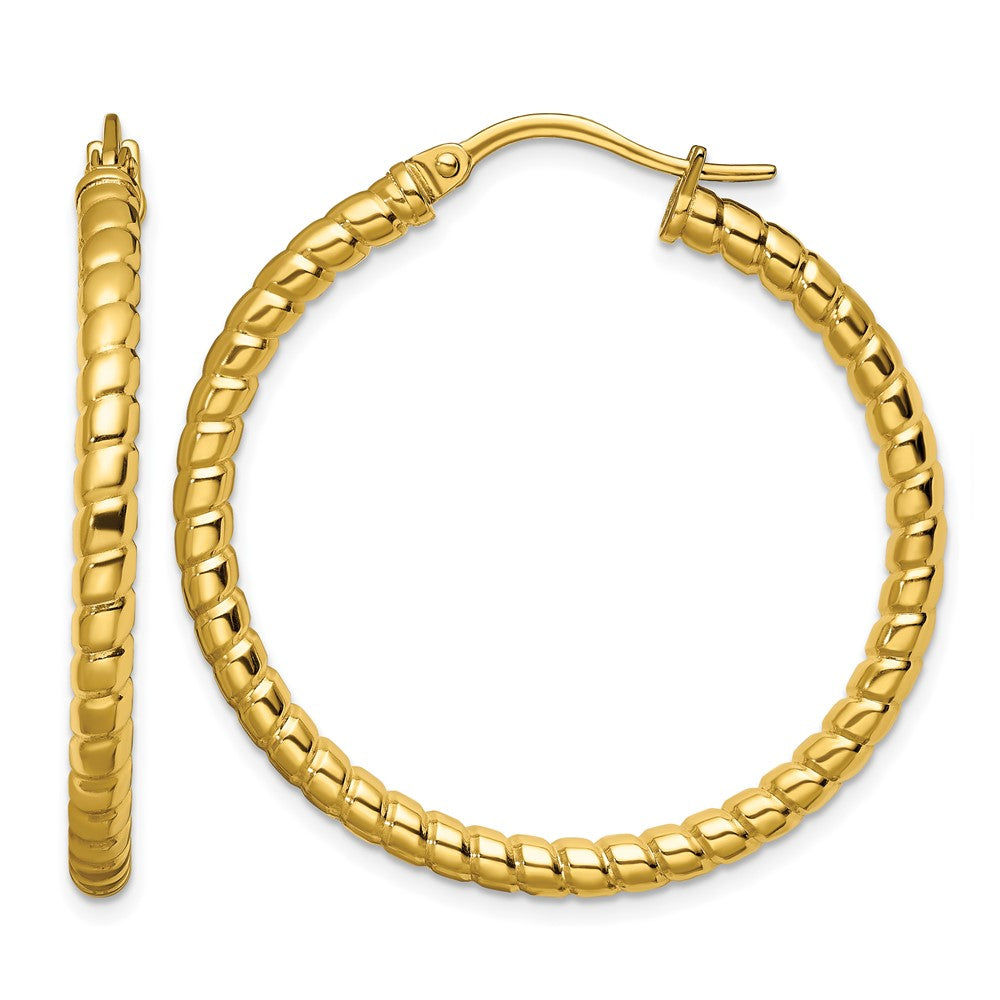 Chisel Stainless Steel Polished and Textured Yellow IP-plated Hollow Hoop Earrings, 35 x 35 mm