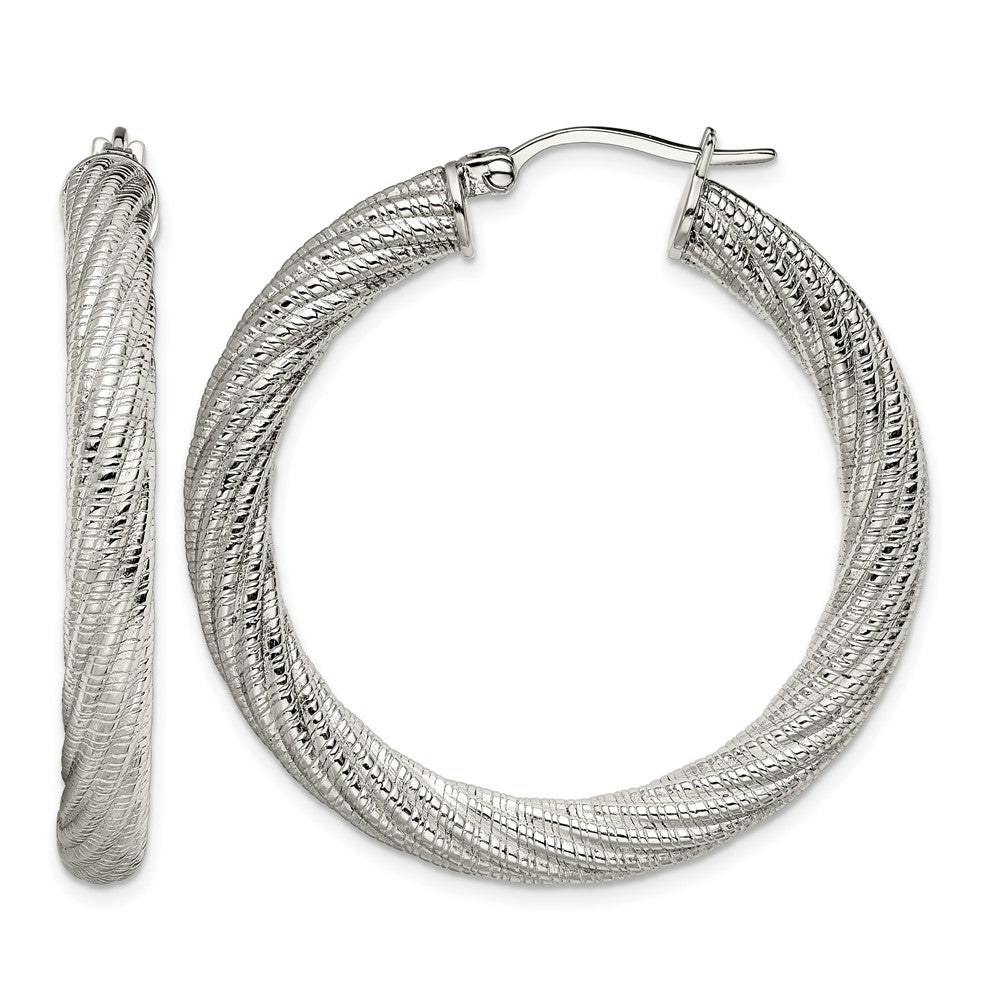 Chisel Stainless Steel Polished and Textured Hollow Hoop Earrings, 40 x 40 mm