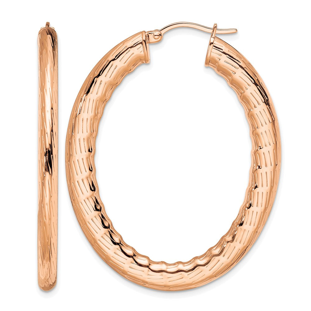Chisel Stainless Steel Polished and Textured Rose IP-plated Hollow Oval Hoop Earrings, 49 x 40 mm