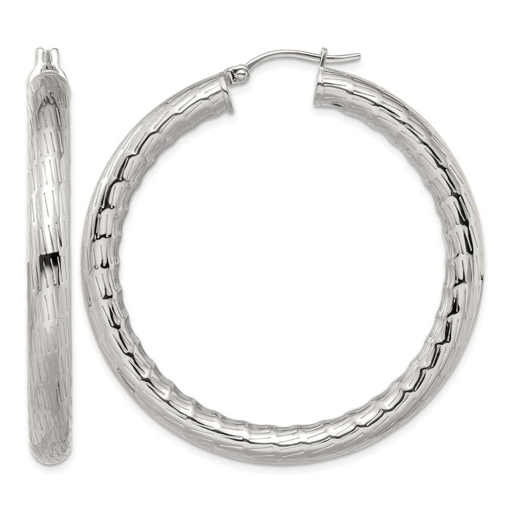 Chisel Stainless Steel Polished and Textured Hollow Hoop Earrings, 50 x 50 mm