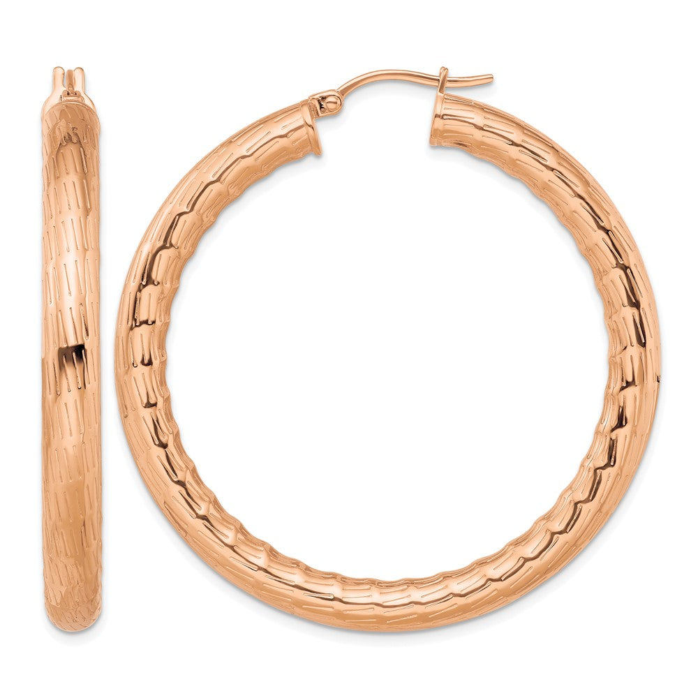 Chisel Stainless Steel Polished and Textured Rose IP-plated Hoop Earrings, 50 x 50 mm